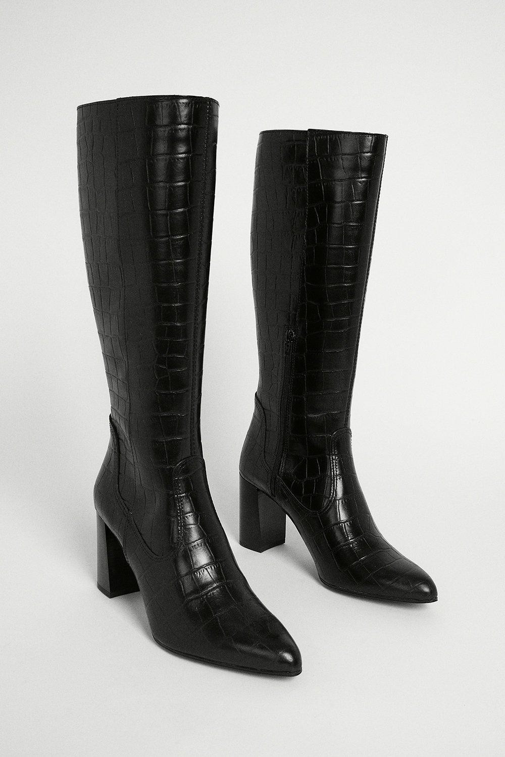 Leather Croc Knee High Heeled Boot | Warehouse UK & IE