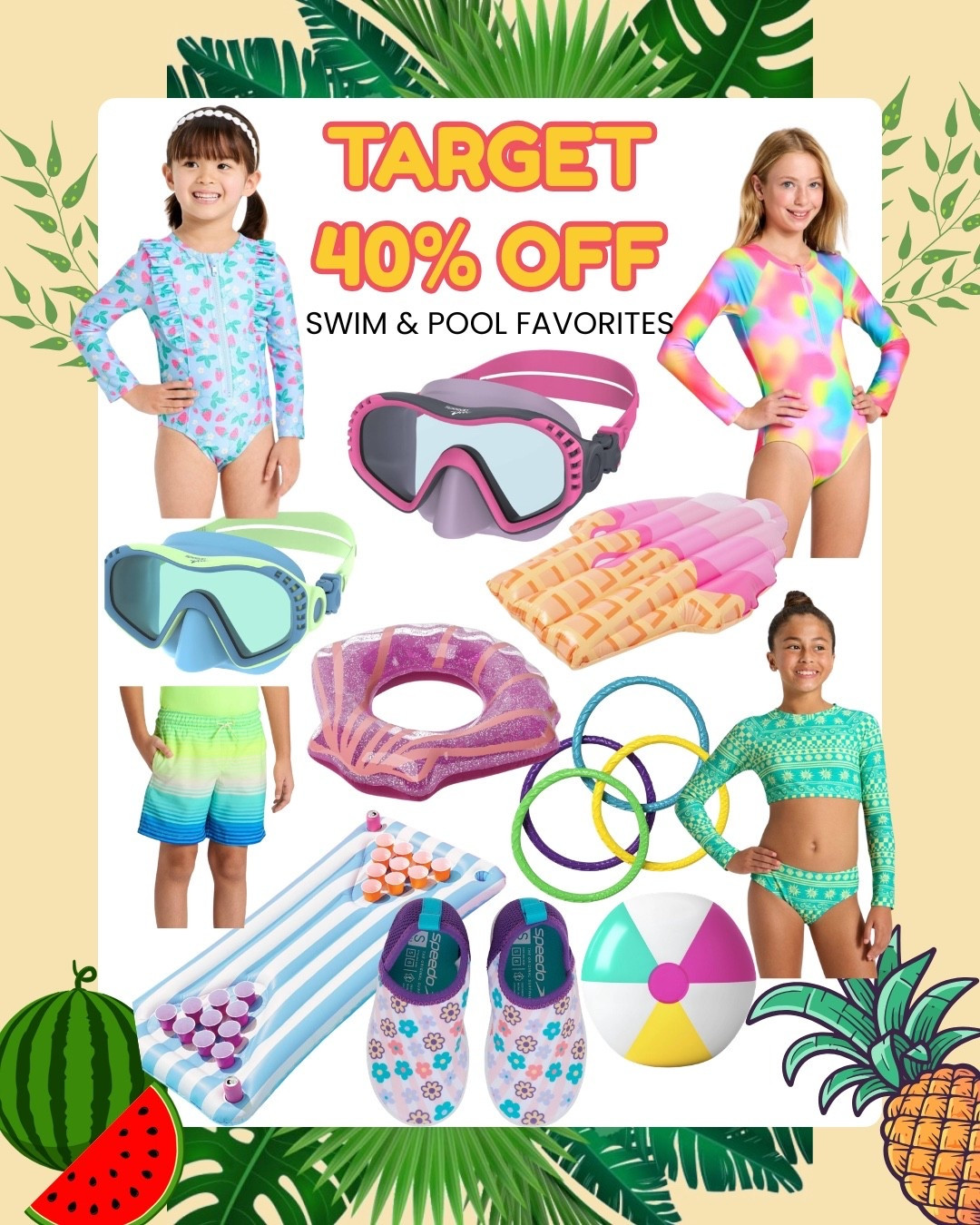 Target has 40% off swimsuits for all, plus pool floats, pool games and toys, and even Speedo water shoes on sale for Prime!Check out swimsuits for toddlers, boys and girls plus my favorite pool floats that will keep your kids and guests busy for hours!

Fourth of July. Summer must have. Hosting. Entertaining. Long sleeve rash card. Long sleeve swimsuit. Beach and the Pool. Bathing suit. Swim swimsuit. Kids clothes. Kids fashion. Toddler fashion. Resort wear. Vacation outfit. Americana. ￼

#LTKSwim #LTKKids #LTKSaleAlert