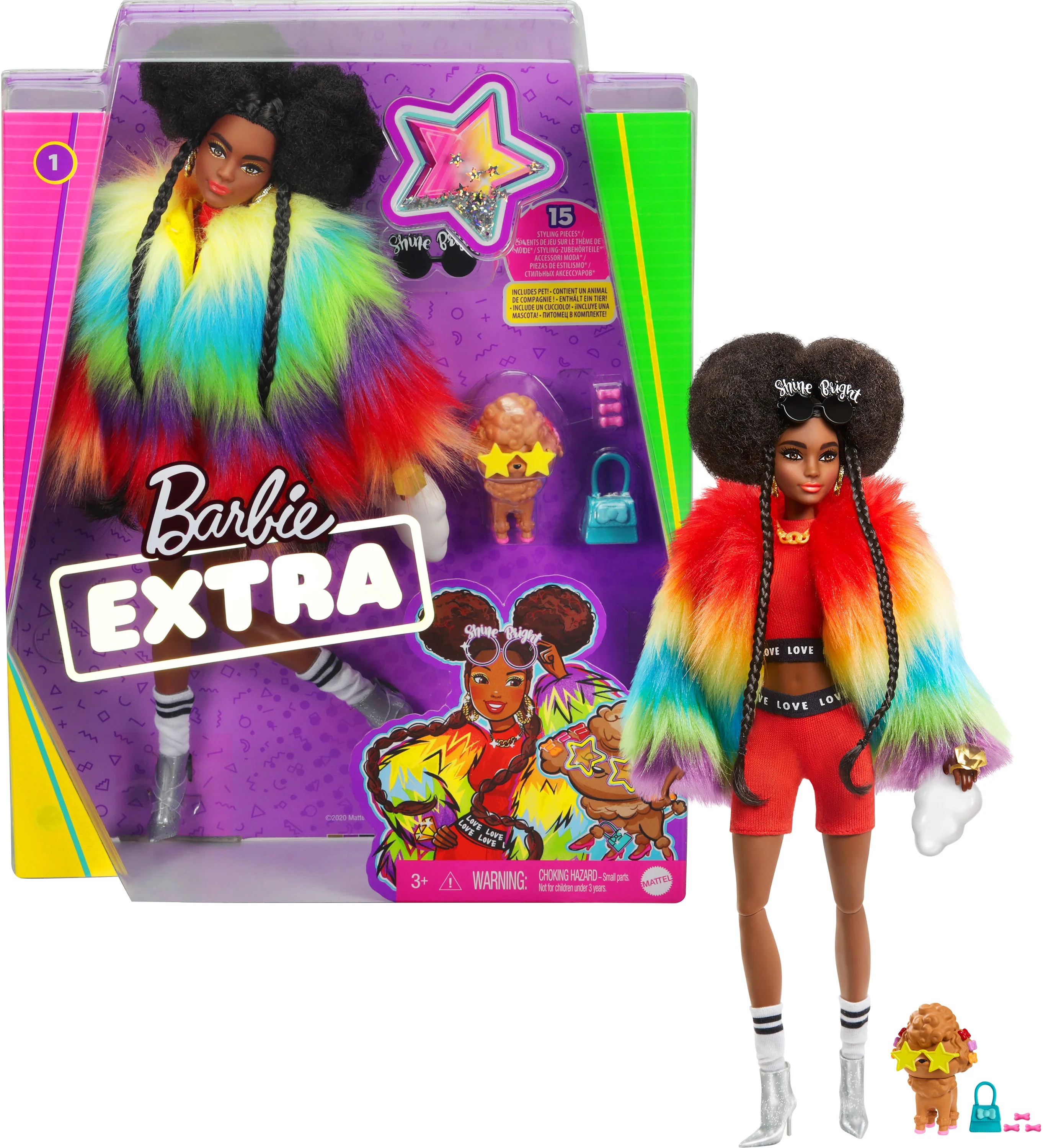 Barbie Extra Doll in Rainbow Coat with Pet Poodle and Accessories - Walmart.com | Walmart (US)