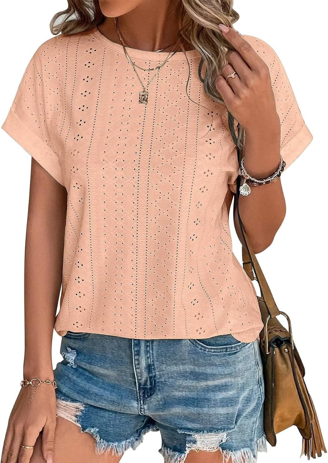 Bliwov Womens Tops Eyelet Embroidery Summer Short Sleeve T Shirts Blouses | Amazon (US)