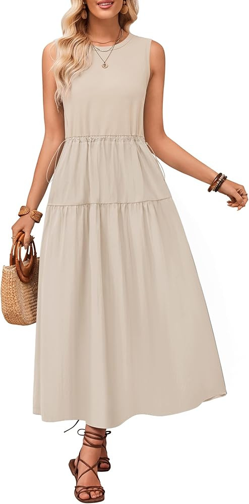ZESICA Women's 2024 Summer Sleeveless Midi Dress Casual Crewneck Drawstring Waist Flowy Long Dres... | Amazon (US)