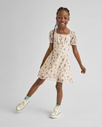 Girls Floral Mesh Puff Sleeve Dress - tan | The Children's Place