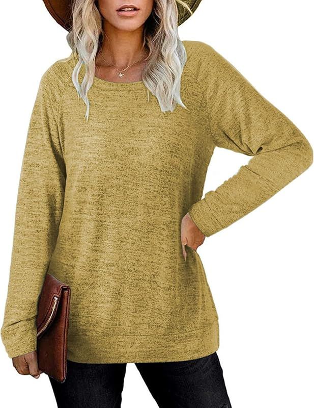 UQOIIL Womens Sweatshirts Crewneck Basic Solid Color Casual Tops Fall Sweaters Long Sleeve Shirts(S- | Amazon (US)