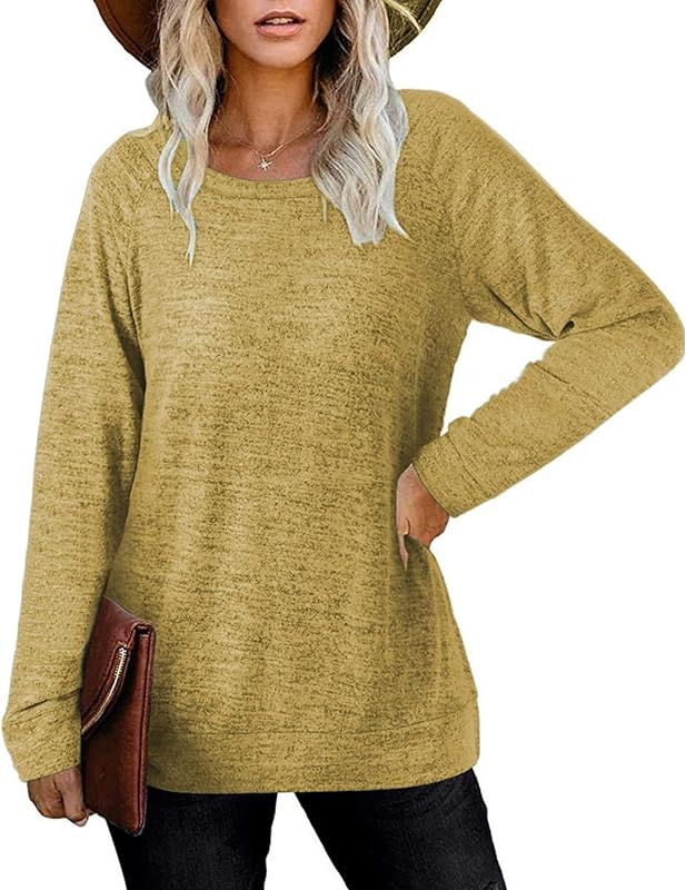 UQOIIL Womens Sweatshirts Crewneck Basic Solid Color Casual Tops Fall Sweaters Long Sleeve Shirts(S- | Amazon (US)
