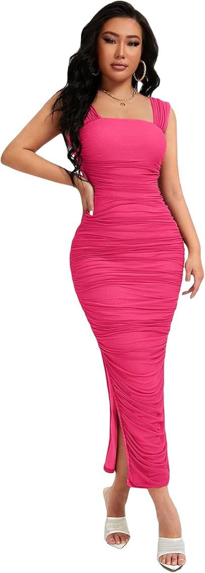 GORGLITTER Women's Ruched Mesh Bodycon Maxi Dress Split Sleeveless Long Pencil Dresses | Amazon (US)
