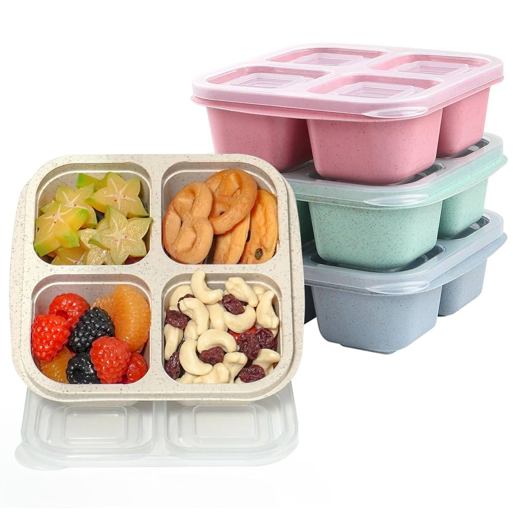 4 Pack Snack Containers, Divided Bento Snack Box, 4 Compartments Reusable Meal Prep Lunch Contain... | Amazon (US)