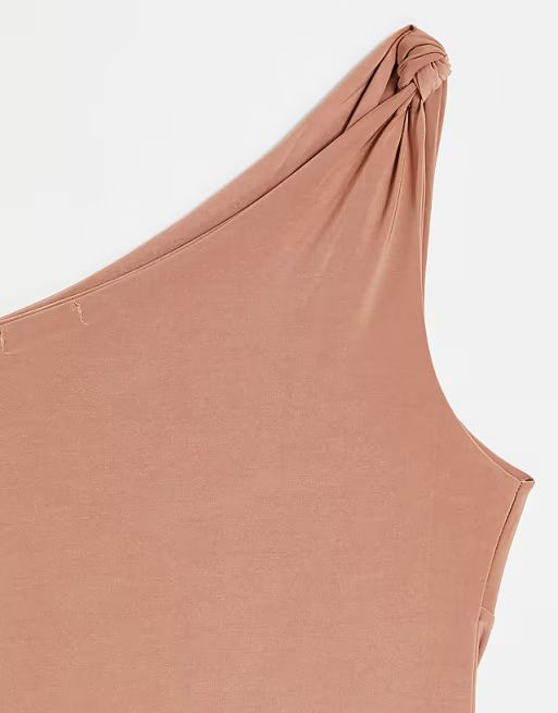 Club L London Plus slash neck one shoulder bodysuit in camel | ASOS (Global)