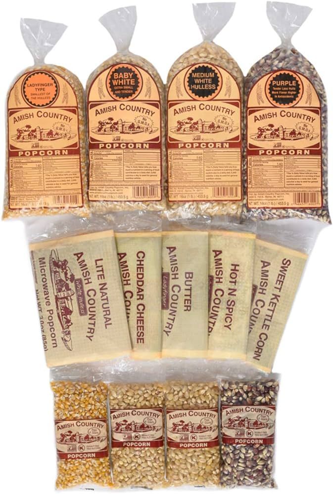 Amish Country Popcorn | Variety Sampler Pack | 4 - 4 oz Bags, 4 - 1 lb Bags and 5 Microwave Bags ... | Amazon (US)
