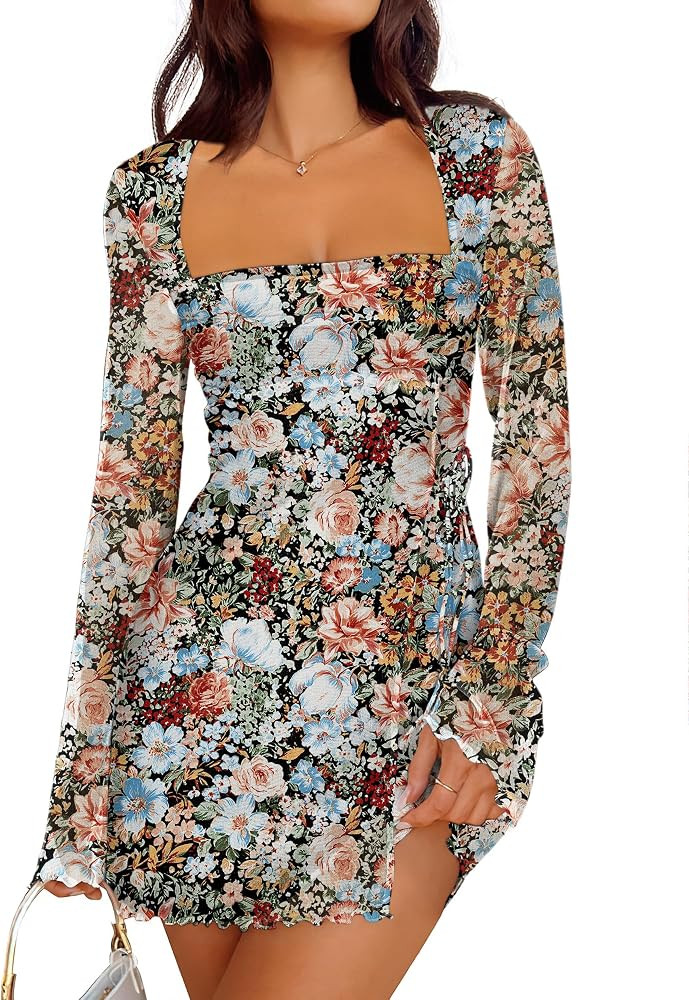 Caracilia Womens Fall Sexy Mesh Long Sleeve Mini Dress | Amazon (US)