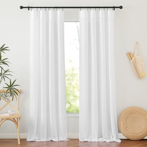 RYB HOME White Sheer Linen Curtains 84 inches, Room Divider Flax Linen Semi Transparent Privacy Drapes for Living Room Bedroom Dining Room, W 52" x L 84", Set of 2, White | Amazon (US)