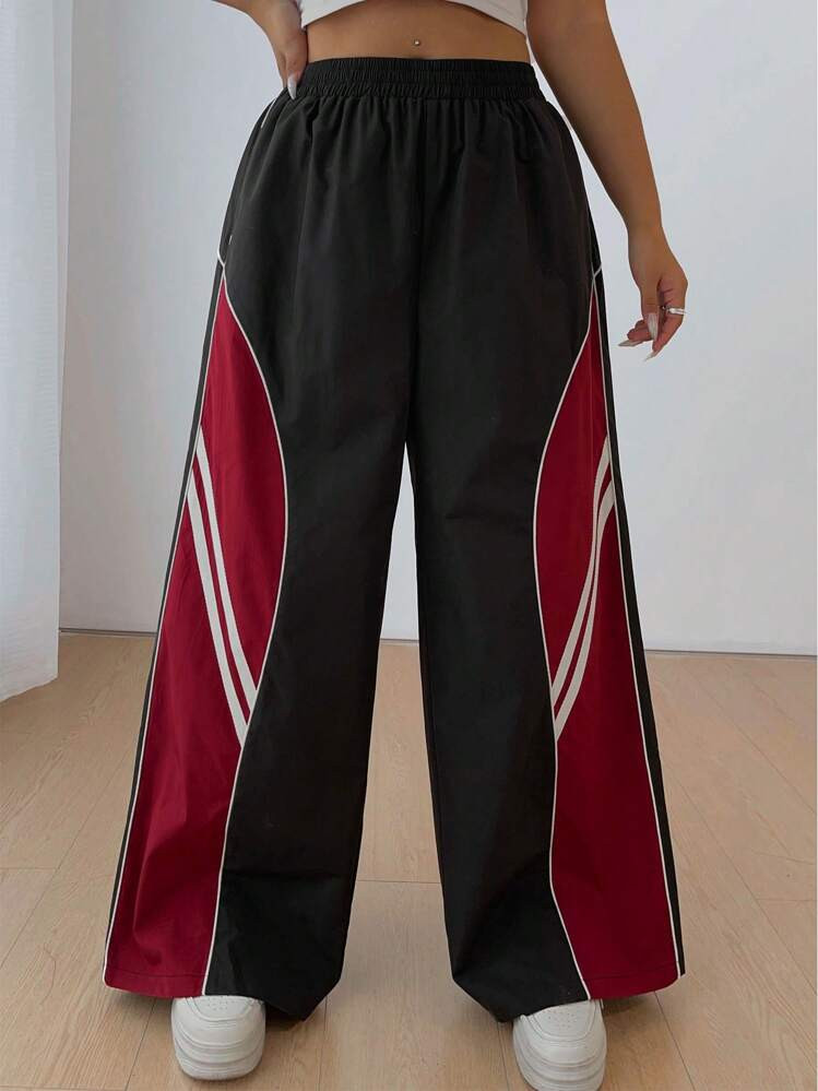 POPSWAY Plus Size Solid Color Splicing Elastic Waist Simple Casual Sports Straight Leg Pants | SHEIN