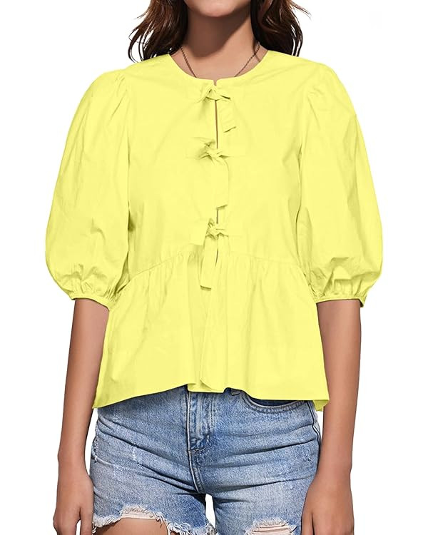 Tankaneo Womens Tie Front Tops Summer Peplum Babydoll Puff Short Sleeve Blouse Cute Cotton Shirts | Amazon (US)