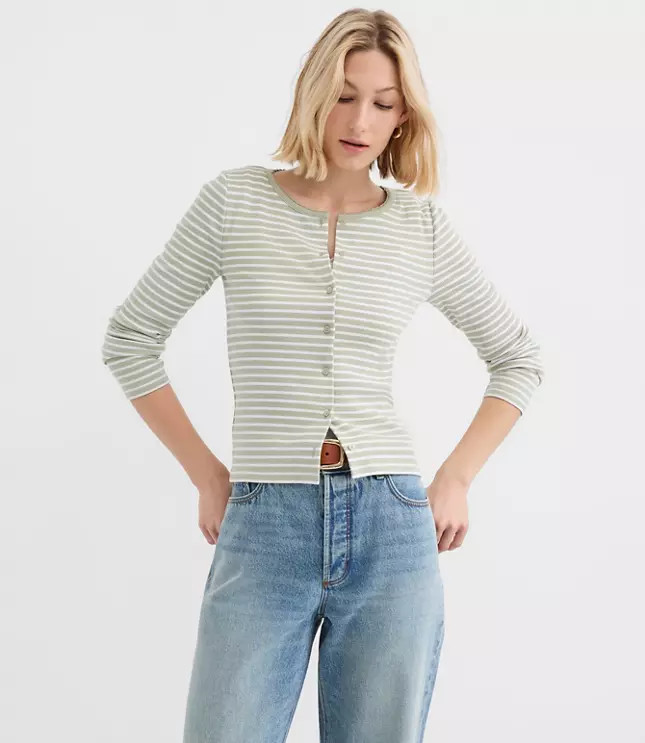 Striped Scalloped Ribbed Cardigan | LOFT