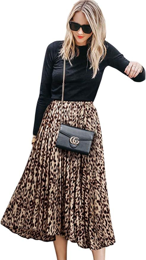 CHOiES record your inspired fashion Women's Leopard Print Long Skirts Elastic High Waisted Plus S... | Amazon (US)