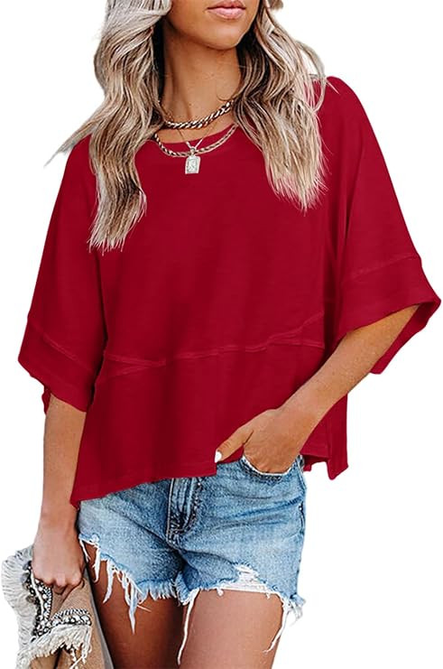 Women's Summer Casual Crewneck Batwing Half Sleeve T-Shirts Solid Color Loose Fit Cute Basic Flow... | Amazon (US)