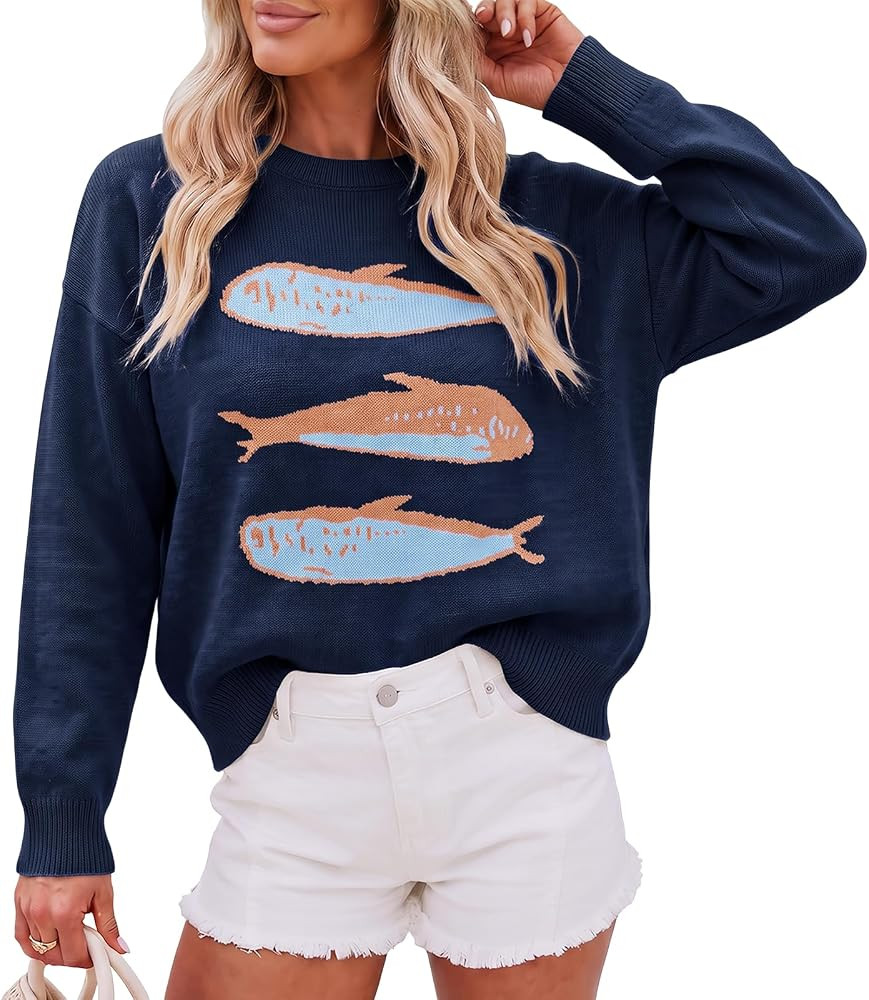 Cicy Bell Womens Fish Graphic Sweaters Lightweight Knit Crewneck Pullover | Amazon (US)