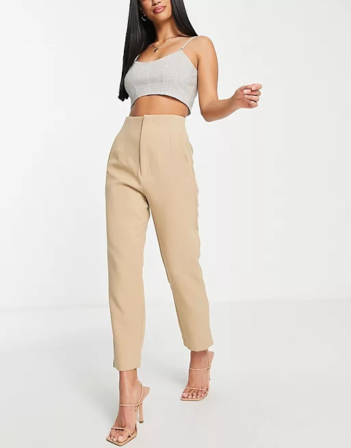 Stradivarius Petite slim tailored pants in dark beige | ASOS (Global)