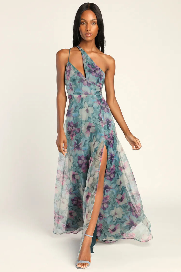 Garden of Glamour Green Floral One-Shoulder Maxi Dress | Lulus