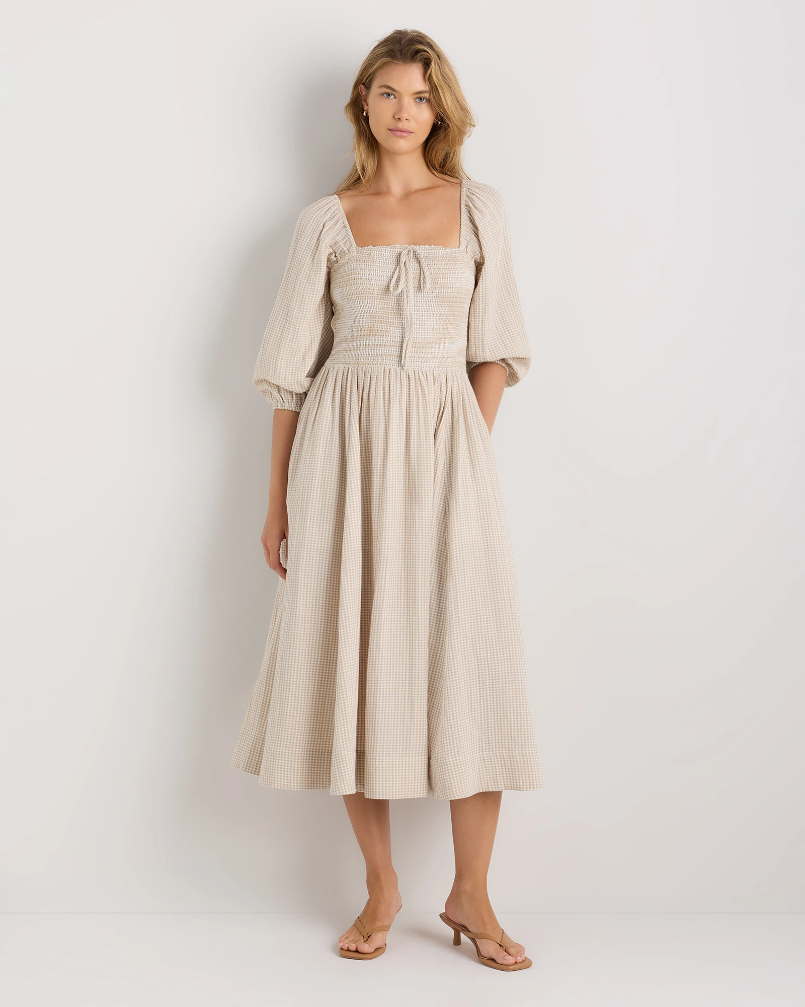 100% Organic Cotton Gauze Smocked Square Neck Midi Dress in Khaki Gingham | Quince