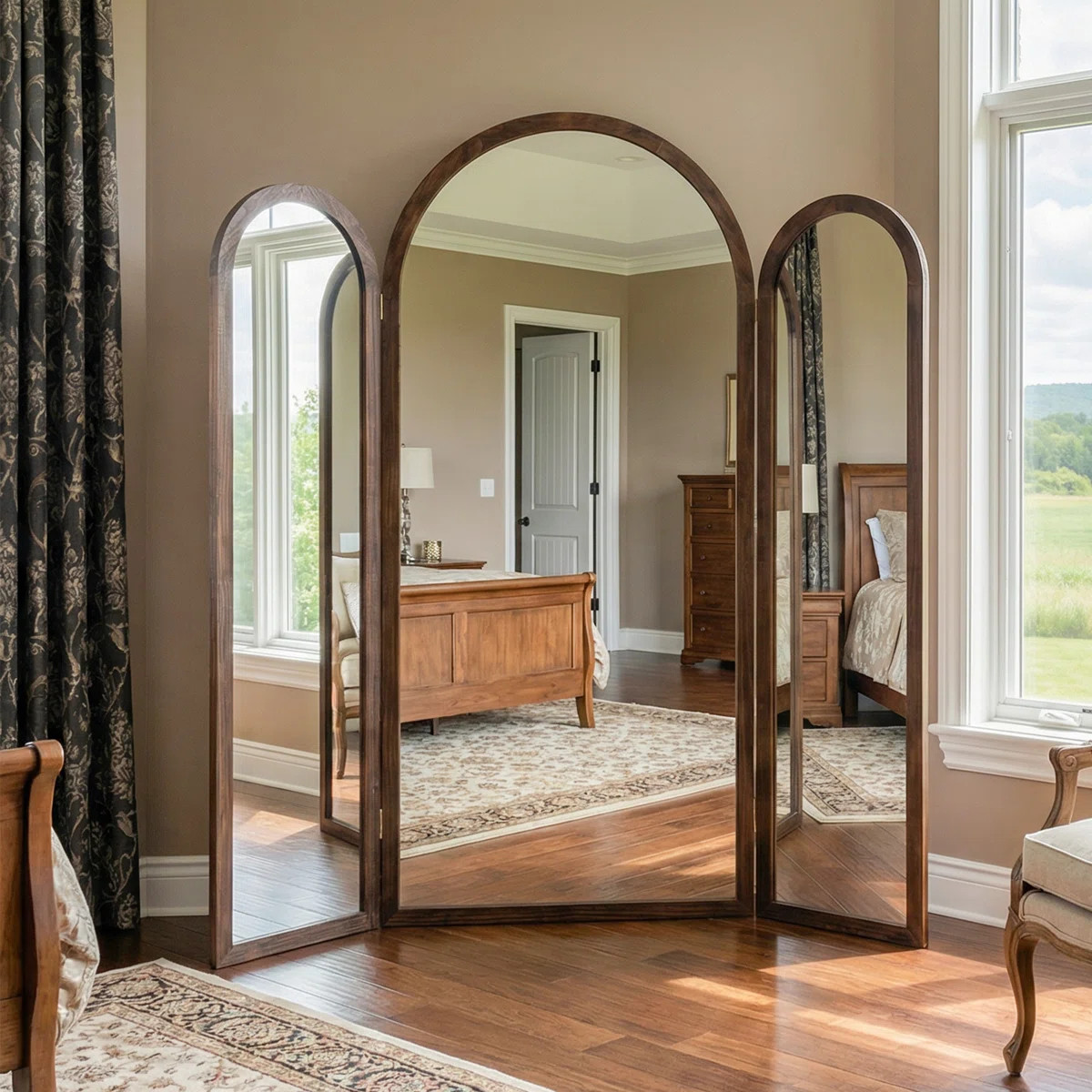 66.5 in. W x 71 in. H Arched Wooden 3-Panel Framed Floor Mirror Standing Mirror | Wayfair North America