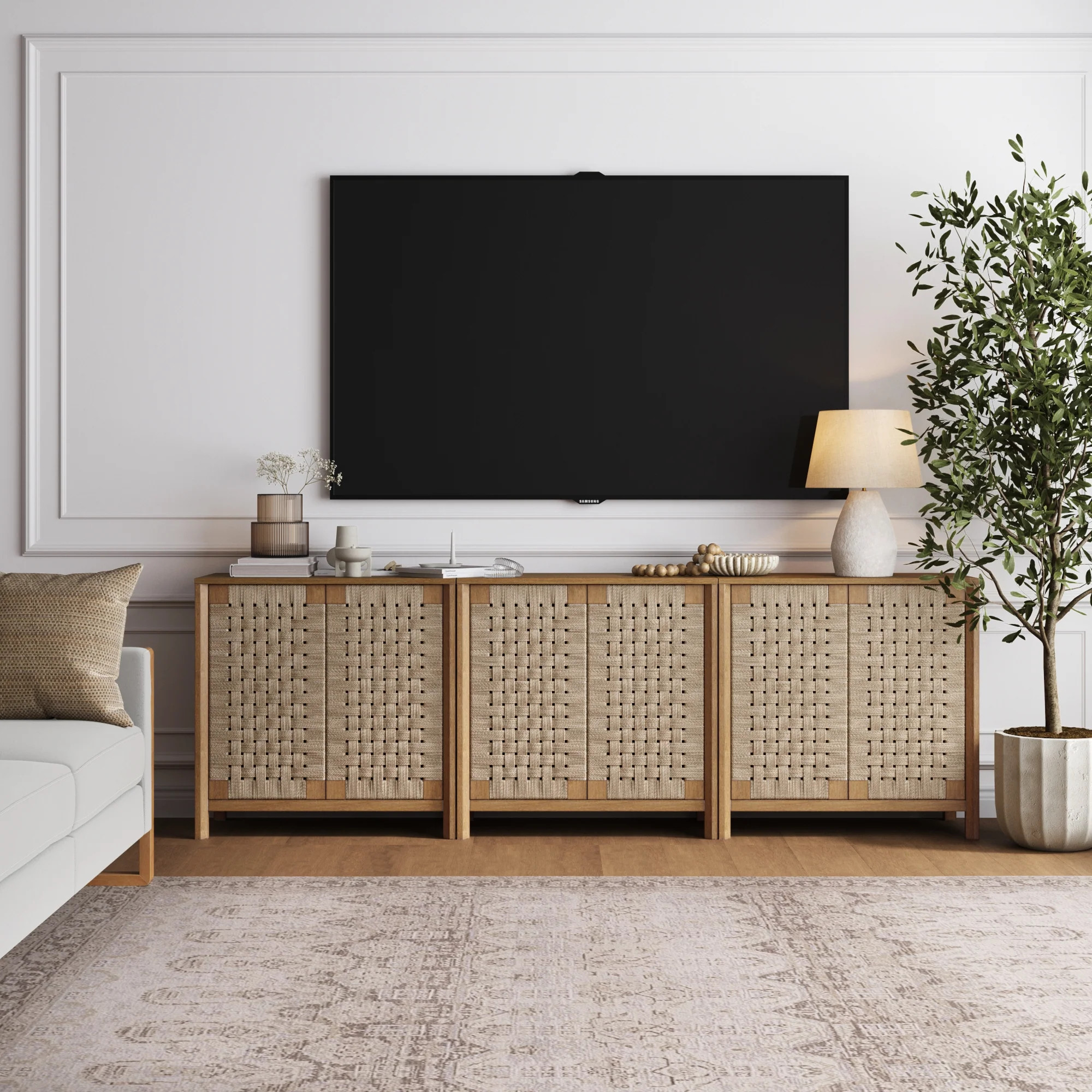 Boho Woven Seagrass TV Console Credenza Light Brown (Set of 3) | Nathan James
