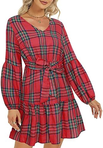 ROYLAMP Women's Tunic Dresses Long Sleeve V Neck Plaid Tie Waist Ruffle Swing Shift Casual Mini D... | Amazon (US)
