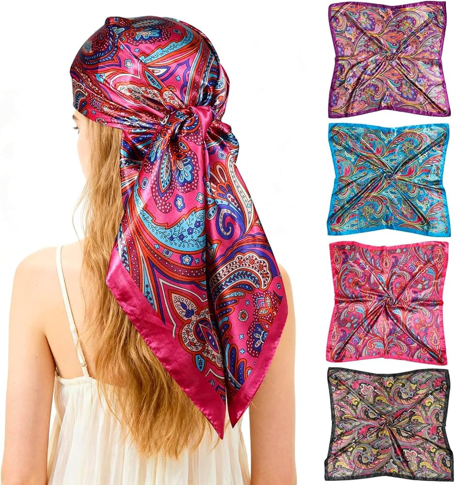 Ciormis 35" Silk Head Scarf for Women, 4 Pcs Satin Hair Scarf Square Silk Bandana Top Neck Scarve... | Amazon (US)