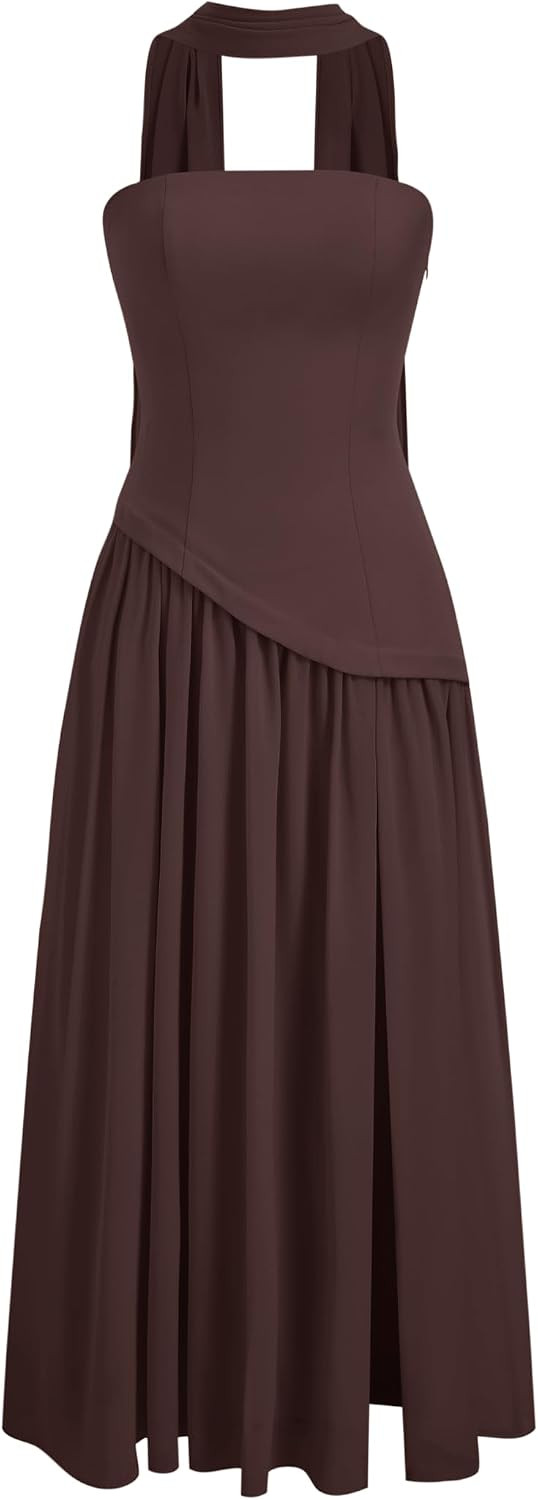CIDER Womens Chiffon Halter Maxi Dress Lace Up Backless | Amazon (US)