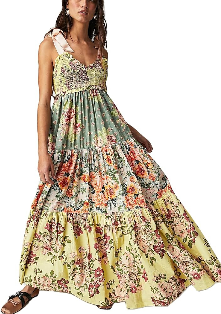 Women Summer Maxi Dress Floral Smocked Shirred Long Dress Boho Sleeveless Tie Shoulder Sundress | Amazon (US)