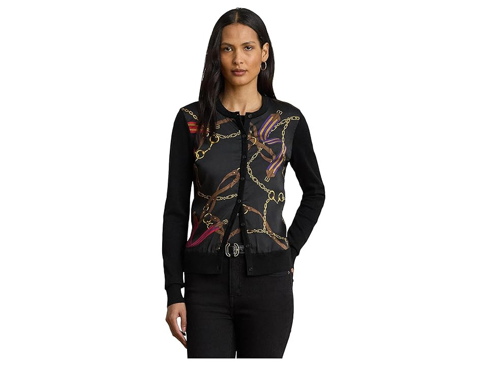 Lauren Ralph Lauren Belting-Print Cotton-Blend Cardigan Women's Sweater Black : XS, Polyester | Zappos