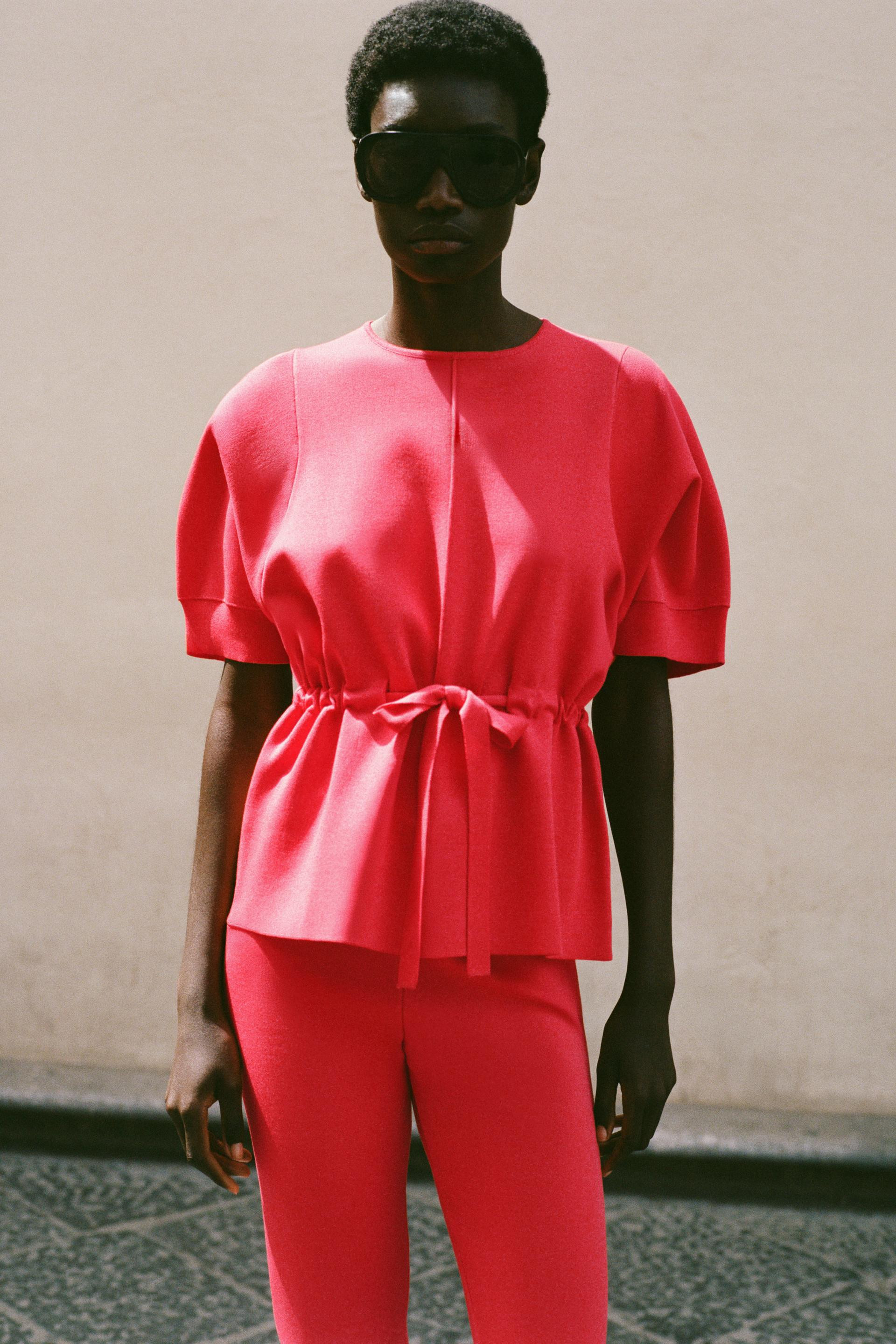 Zara - Short Sleeve Tie Knit Jumper - Coral Red - M - Woman | Zara US