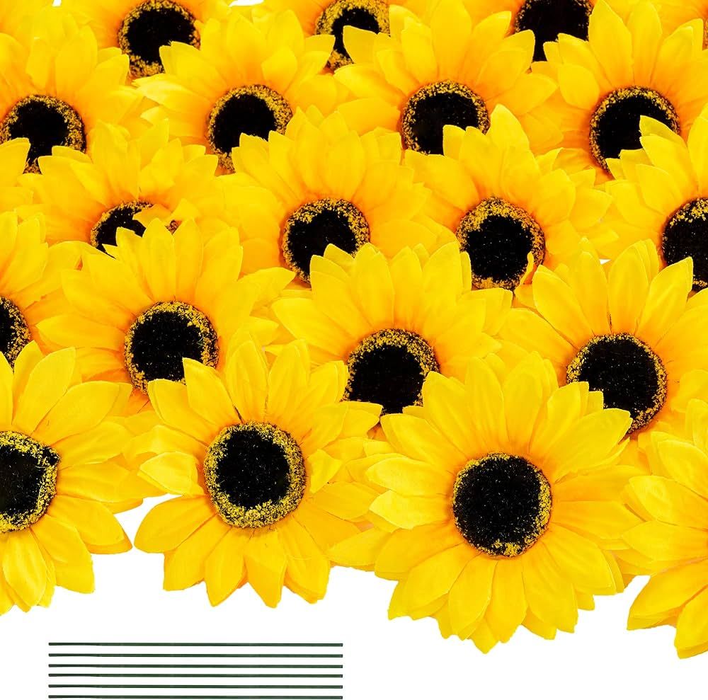 DuHouse 40pcs Fake Sunflowers Heads with Stems 4'' Artificial Sunflower Silk Sunflower Heads for ... | Amazon (US)