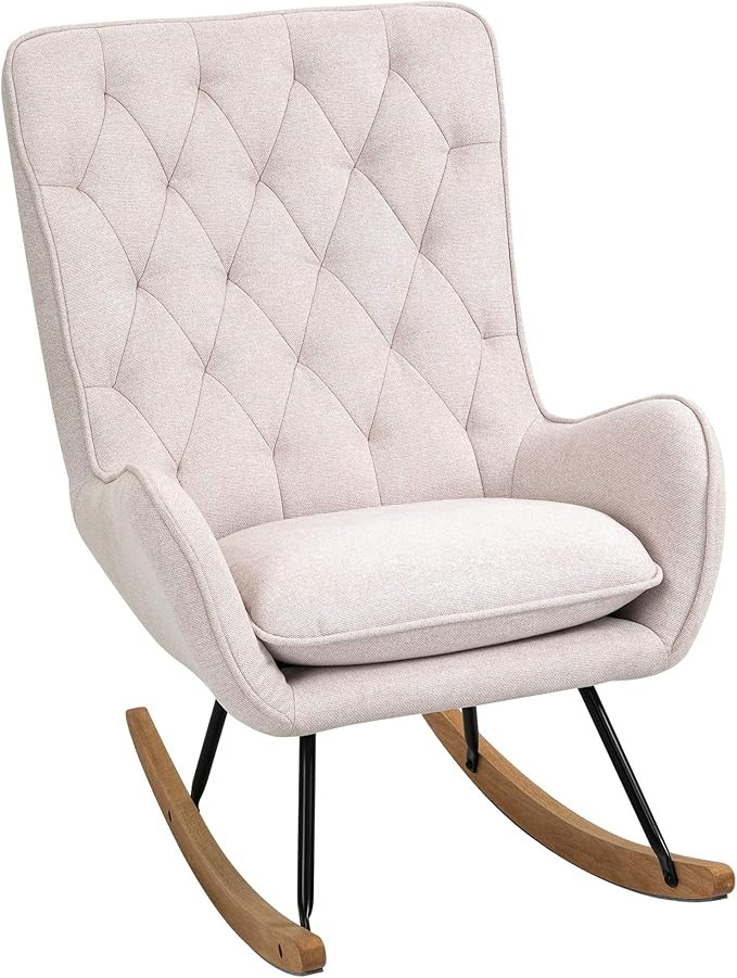 HOMCOM Mid-Century Fabric Rocking Chair Tufted Rocker Wingback Accent Chair with Padded Seat, Rub... | Amazon (US)