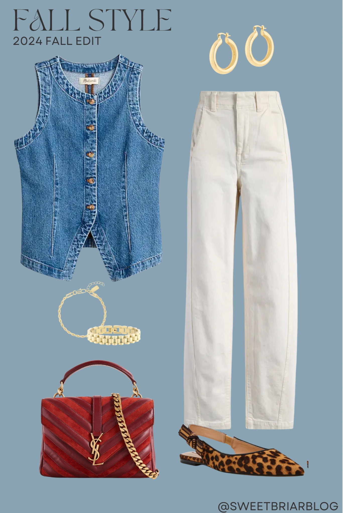 Summer to fall outfit 

denim vest. leopard shoes. red bag. madewell. electric pick jewelry. flats.

#sweetbriarblog #leopard #redbag
#madewell 

#LTKItBag #LTKWorkwear #LTKBacktoSchool