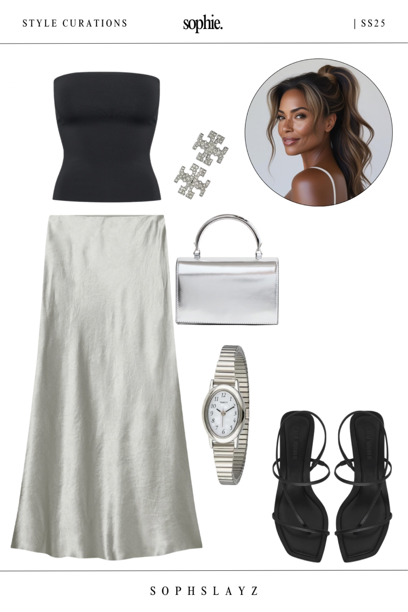 Your capsule wardrobe just found its summer date night look.
This outfit features a silver bias-cut midi skirt, fitted black tube top, and square-toe strappy sandals—polished off with crystal logo earrings and a structured metallic handbag.
All part of my SS25 summer capsule wardrobe. Check out the full collection on my page under SS25 Capsule.

#LTKSummerEdit #LTKFindsUnder100 #LTKStyleTip