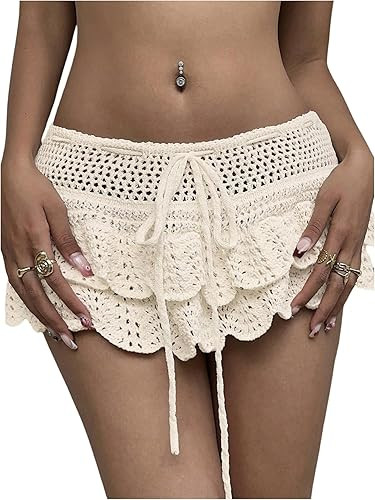 MakeMeChic Women's Crochet Mini Skirt Swimsuit Beach Coverup Tiered Ruffle Boho Skirts | Amazon (US)
