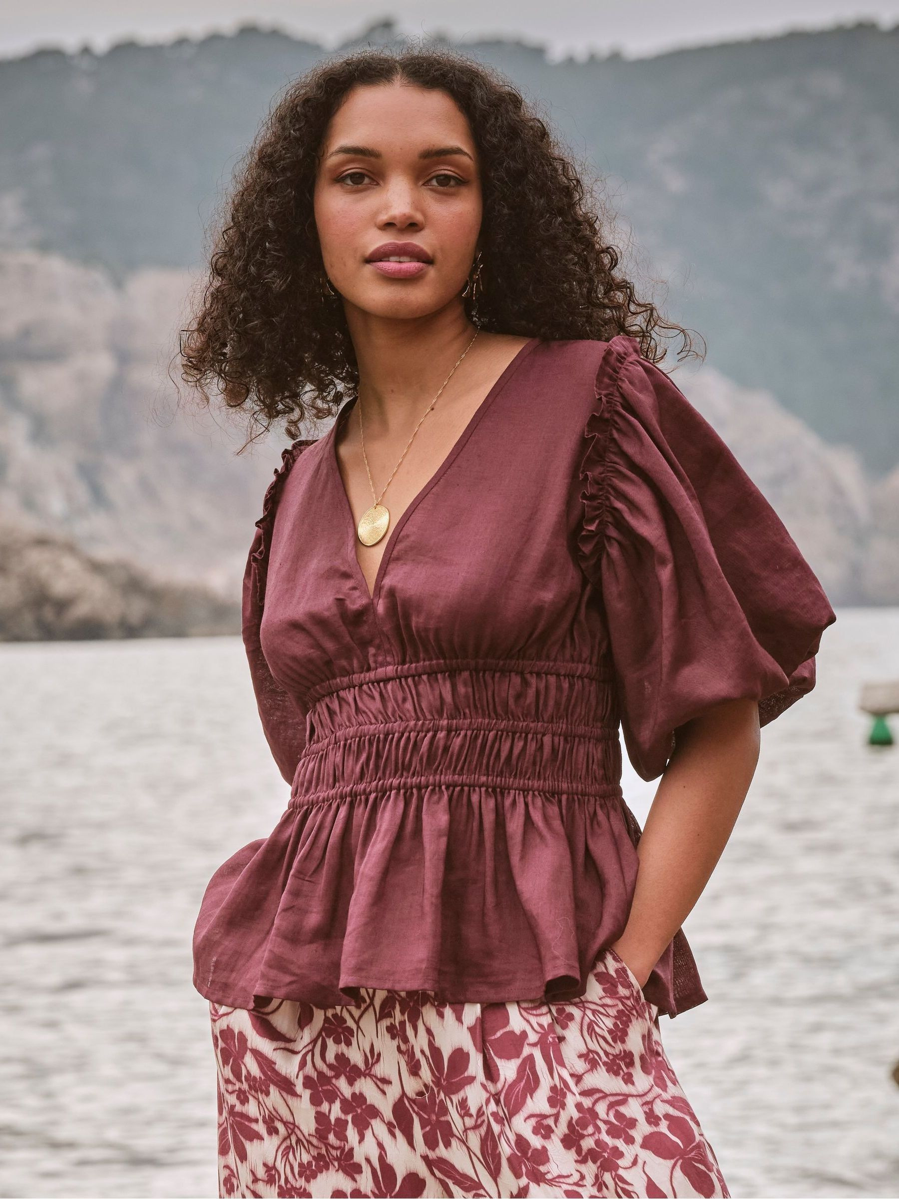 Arabella Claret Puff Sleeve Top | FatFace | Fat Face
