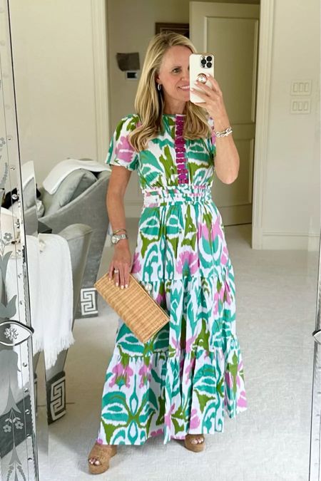 Love the colors and pattern of this beautiful maxi dress. I’ve paired it with a neutral clutch and cork wedges. 

#LTKstyletip #LTKshoecrush #LTKFind
