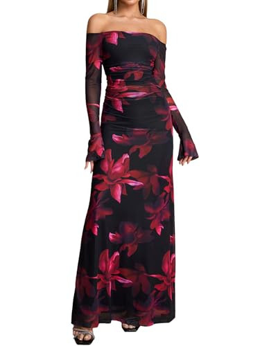Women Fall Long Sleeve Floral Bodycon Maxi Dress Sexy Off Shoulder Ruched Wedding Guest Formal Party Long Dresses | Amazon (US)