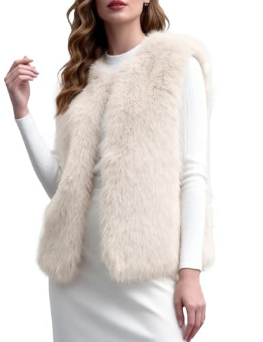 Rousytn Women's Faux Fur Vest Sleeveless Fuzzy Jacket Fluffy Faux Fur Vest for Women Warm Winter Furry Vests Outerwear(Beige-M) | Amazon (US)