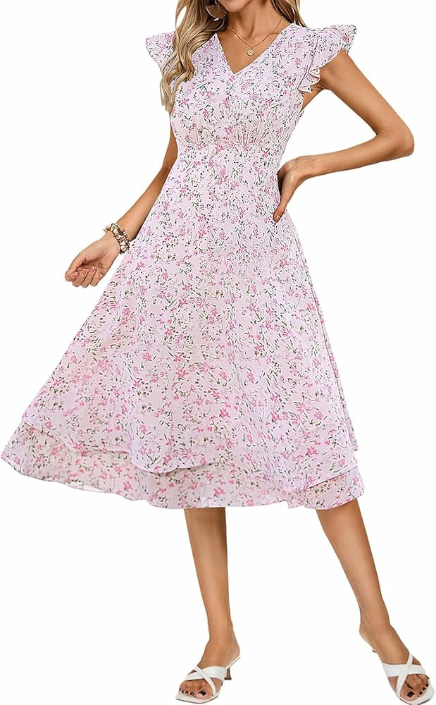 Kate Kasin Womens Dresses Summer Short Sleeve Ruffle Floral V Neck Flowy Aline Casual Tiered Wedd... | Amazon (US)