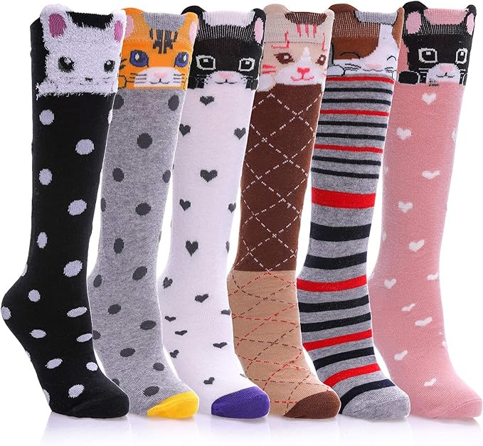 FNOVCO Girls Knee High Socks Kids Crazy Fun Gift Cute Animal Patterns Cotton Long Socks 6 Pairs | Amazon (US)