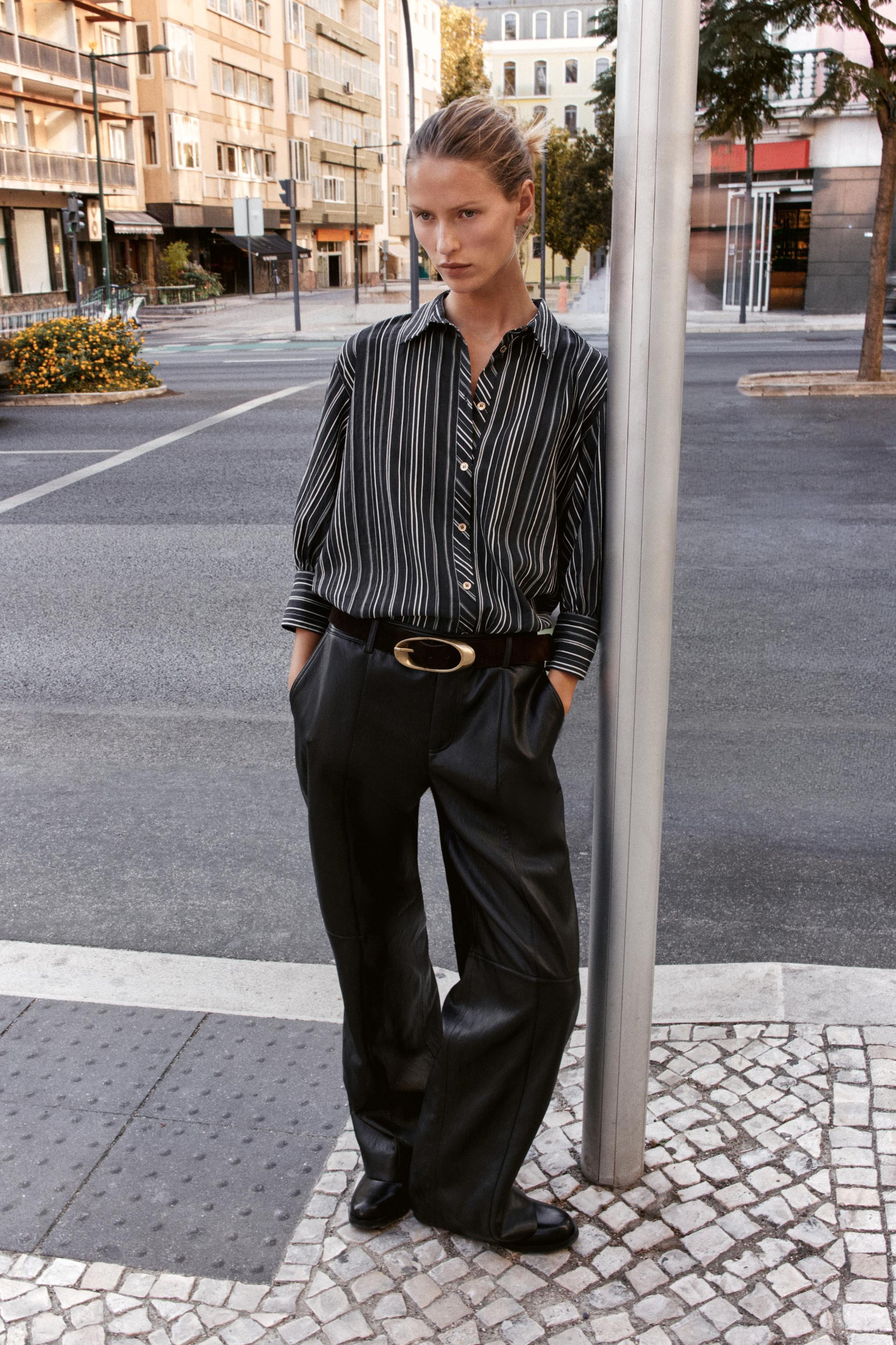 Zara - Striped Three-Quarter Sleeve Shirt - Black / Ecru - L - Woman | Zara US