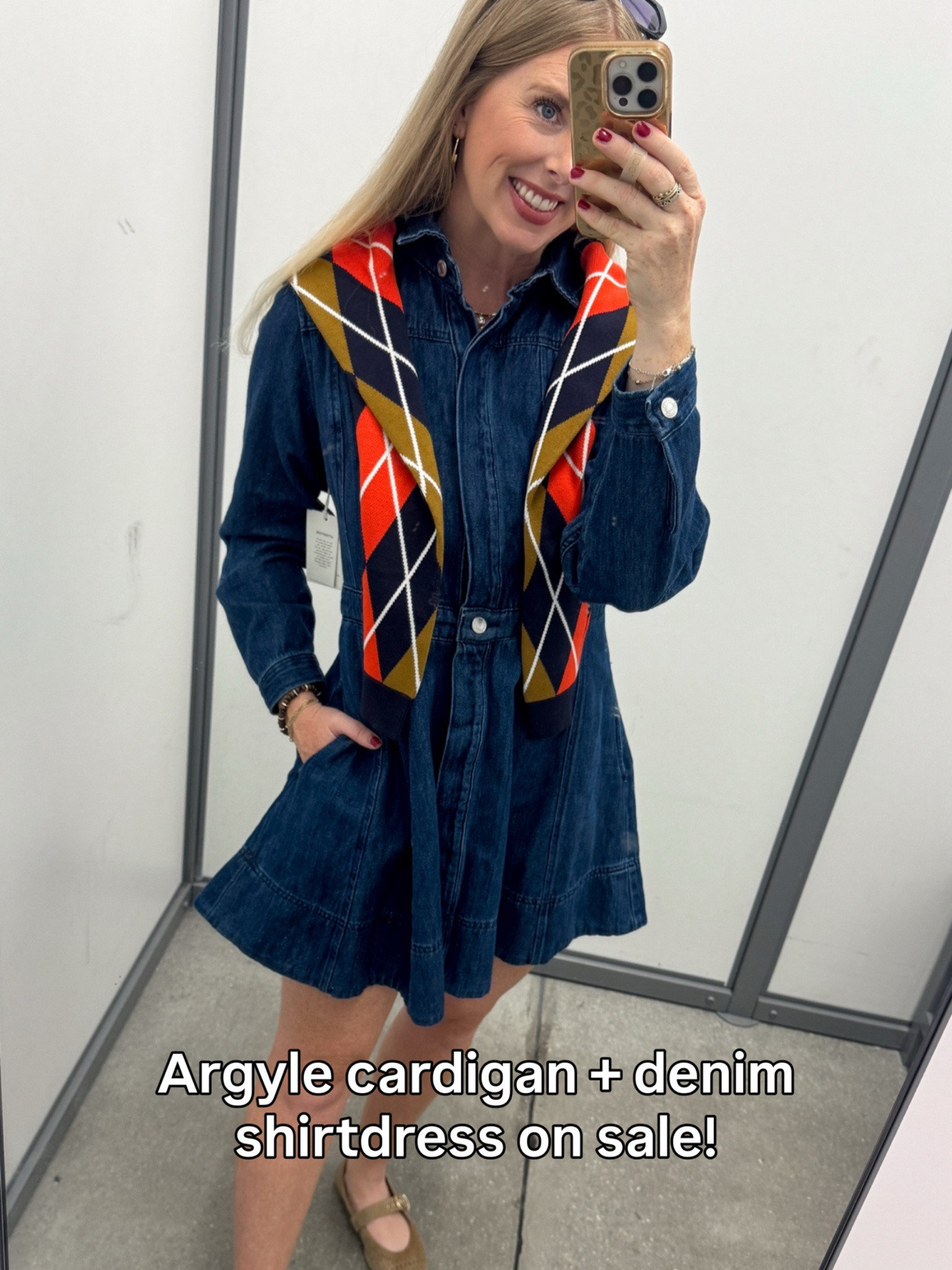 Argyle cardigan and denim Shirtdress on sale