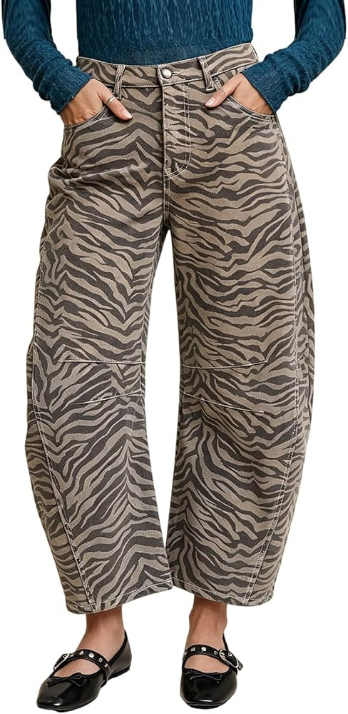 yoeasy Womens Baggy Barrel Jeans Zebra Print High Waisted Wide Leg Boyfriend Jeans Denim Cropped ... | Amazon (US)