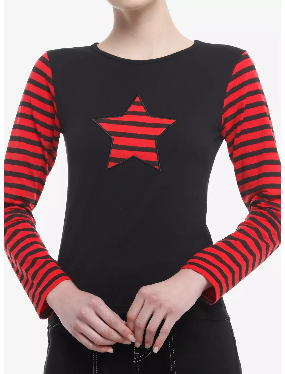 Social Collision® Black & Red Stripe Star Girls Long-Sleeve Crop Top | Hot Topic