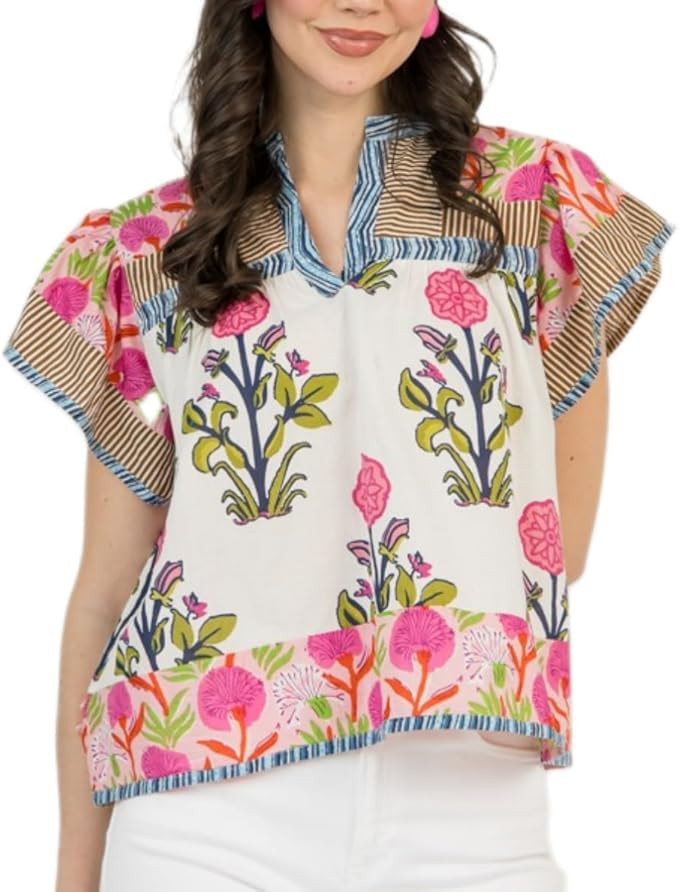 Women Y2K Ruffle Cap Sleeve Top Boho Floral V Neck Shirt Peplum Babydoll Patchwork Blouse Shirt G... | Amazon (US)