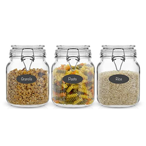 JoyJolt Airtight Glass Jars with Lids Set of 3. 32oz Glass Jar with Lid and 6 Silicone Seals! Med Glass Food Storage Containers. Square Mason Jar, Candy Jar, Sugar Jar, Pasta Containers for Pantry | Amazon (US)