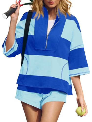 Fisoew Womens 2 Piece Outfits Summer Striped Sweatshirt Workout Shorts Sets Matching Lounge Set Tracksuits | Amazon (US)