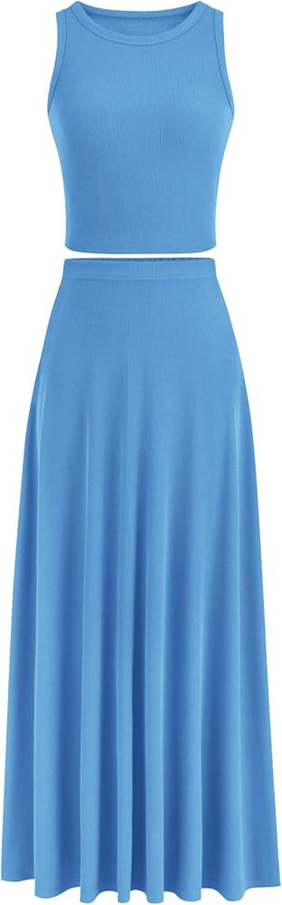 PRETTYGARDEN Women's 2 Piece Maxi Skirt Sets Casual Summer Knit Cropped Tank Top High Waisted Lon... | Amazon (US)